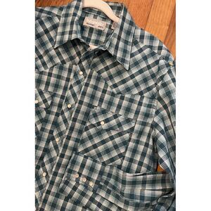 Wrangler Wrancher Pearl Snap Teal‎ Plaid Medium M Longsleeved Buttondown Western